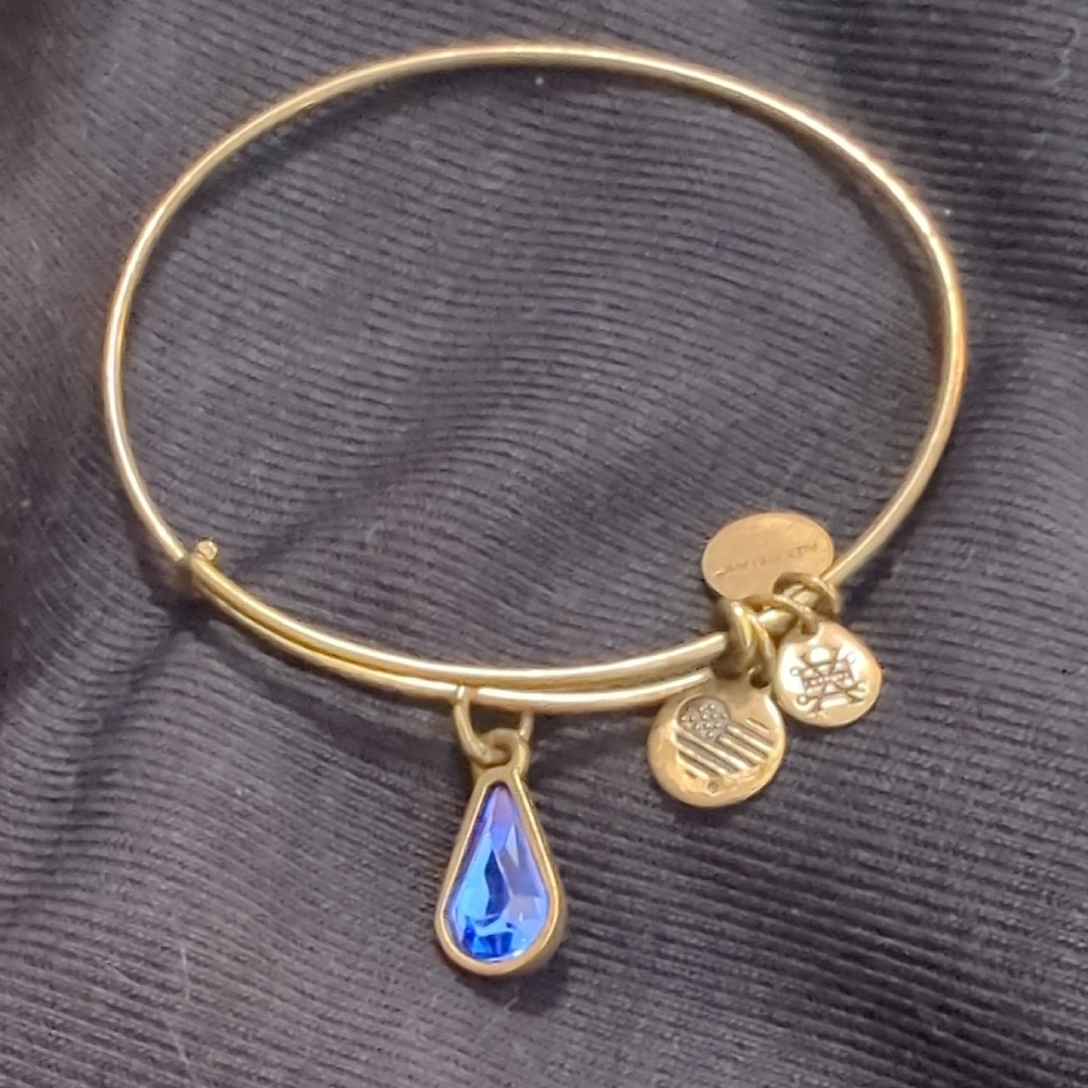 Alex And Ani Gold Bangle Bracelet with Blue Teardrop Charm